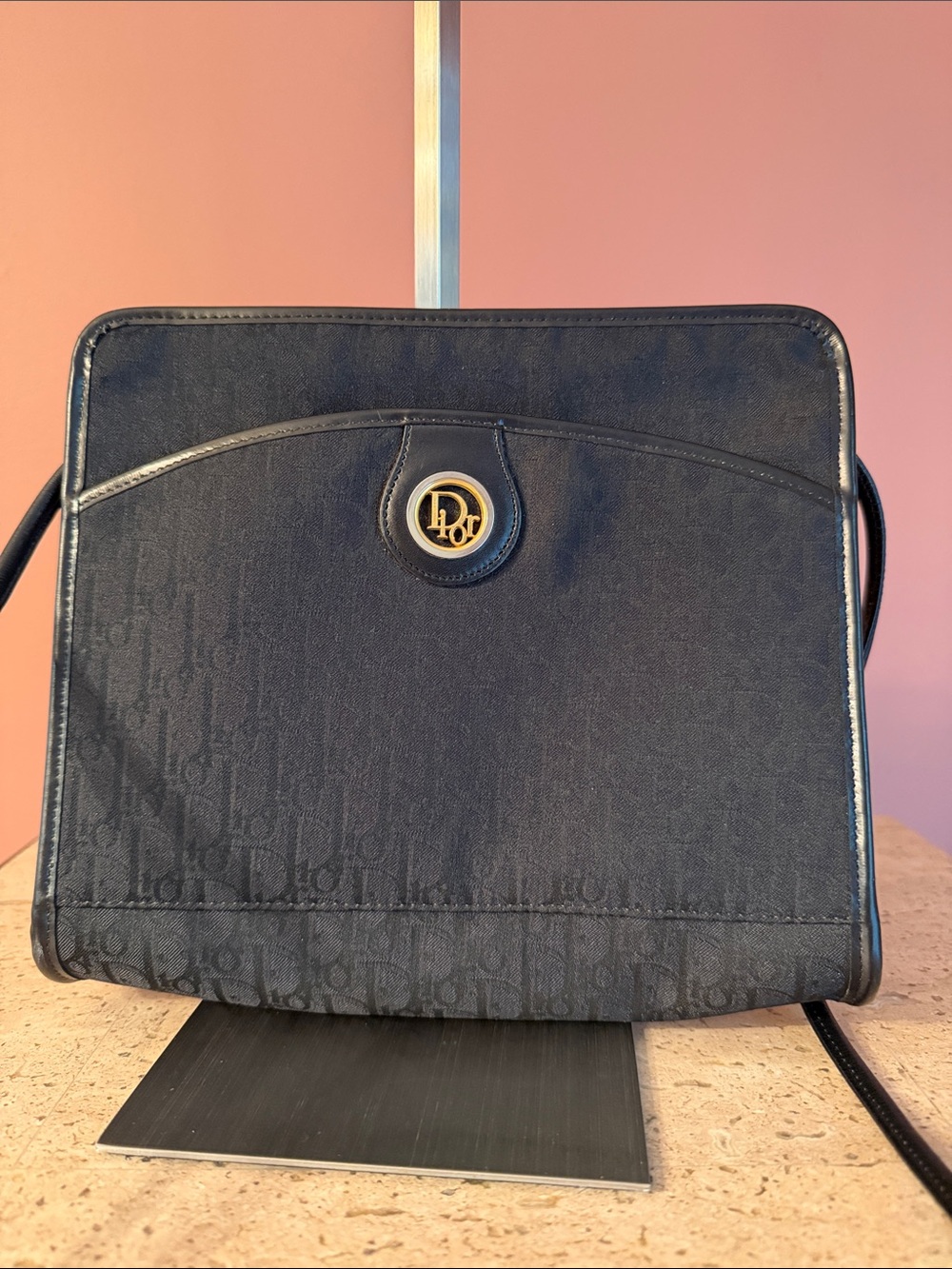 Vintage Dior Authentic Black Trotter Monogram Canvas Bag with Gold Dior Logo